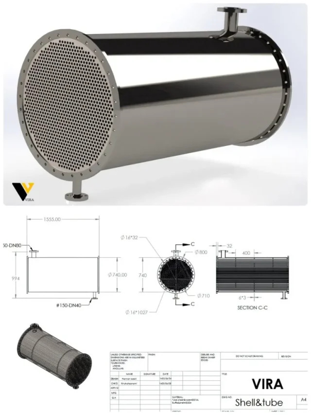 نقشه مقایسه‌ای ابعاد و ساختار مبدل حرارتی پوسته و لوله در کنار مبدل صفحه‌ ای