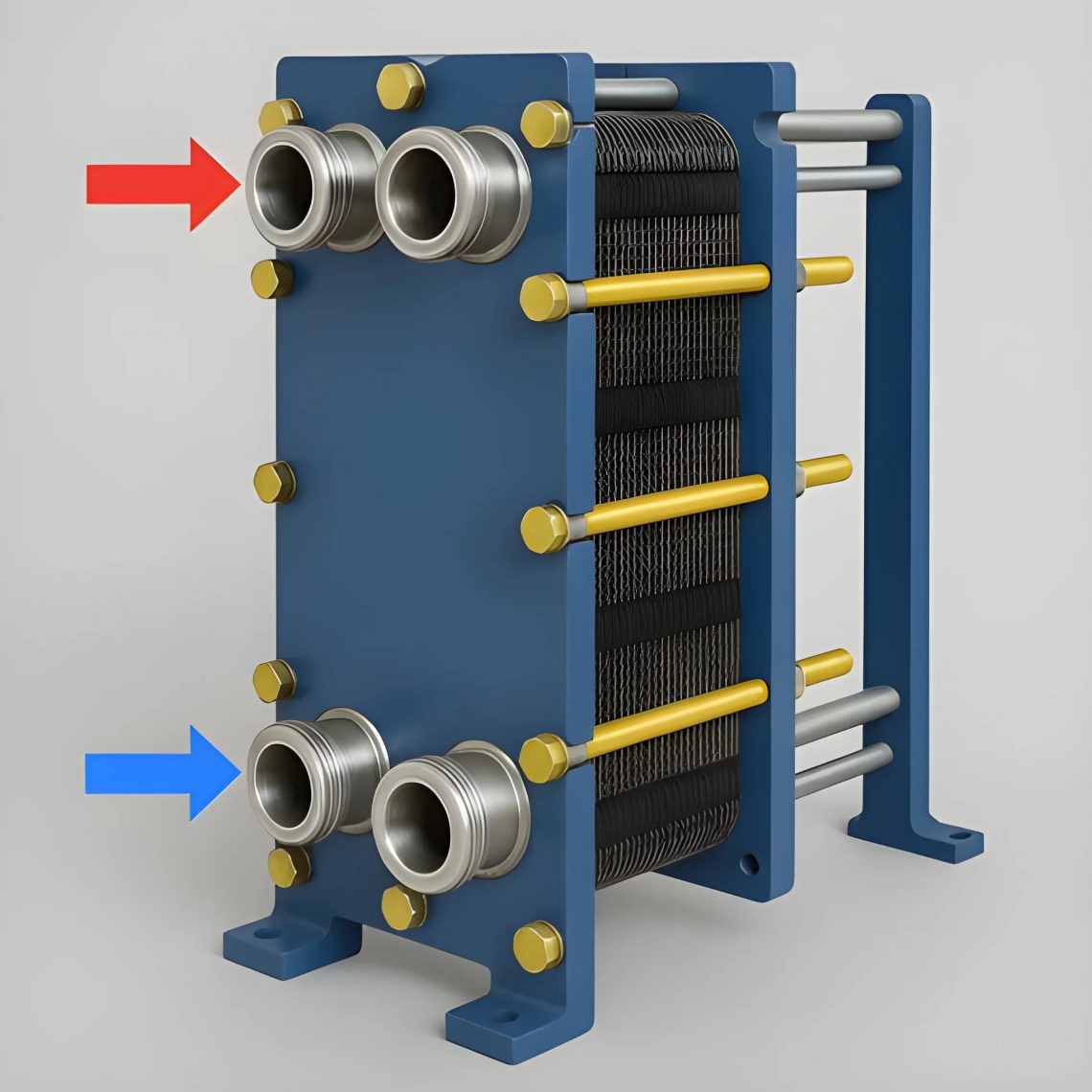 اجزای مبدل حرارتی صفحه‌ ای: فلش قرمز ورودی آب داغ و فلش آبی ورودی آب سرد به صفحات گسکت‌ دار