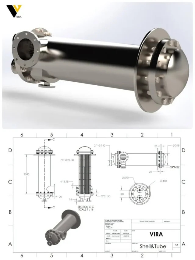 نقشه برش خورده مبدل پوسته و لوله نشان‌دهنده لوله‌های مسی و بافل‌های داخلی