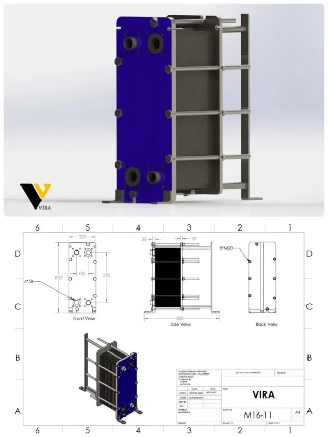 مبدل حرارتی صفحه‌ای مدل M16 با فریم آبی و نقشه مهندسی نصب